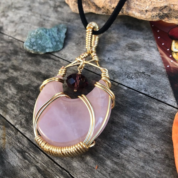 Wire Wrapped Rose Quartz Crescent Moon Crystal Necklace - Picture 5 of 11